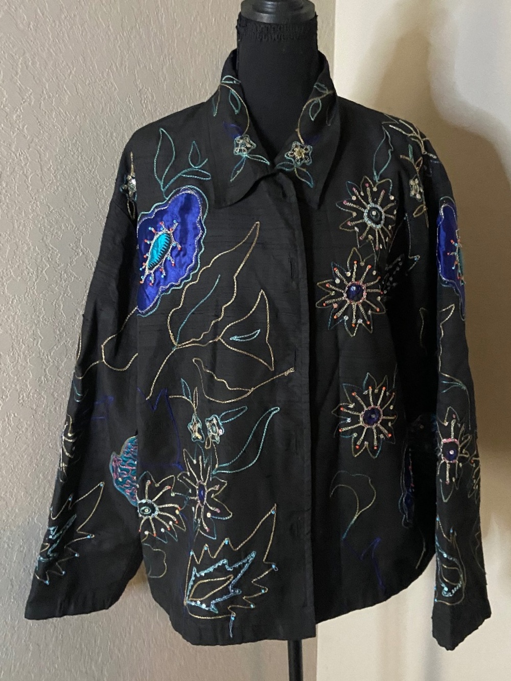 Take Two Silk Blend Beaded Floral Embroidered Jacket 1X Black Art To Wear